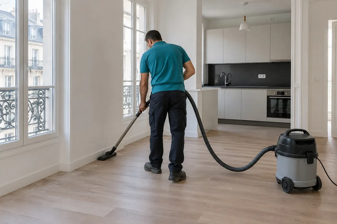 Aspiration des poussières de chantier sur le parquet d'un appartement vide, après travaux